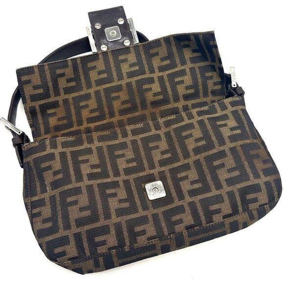 Authentic FENDI Zucca Mamma Baguette Canvas Leather Shoulder Bag Brown Tan - Picture 12 of 15